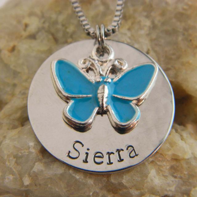 Kids Name Necklace with Blue Enameled Butterfly Charm